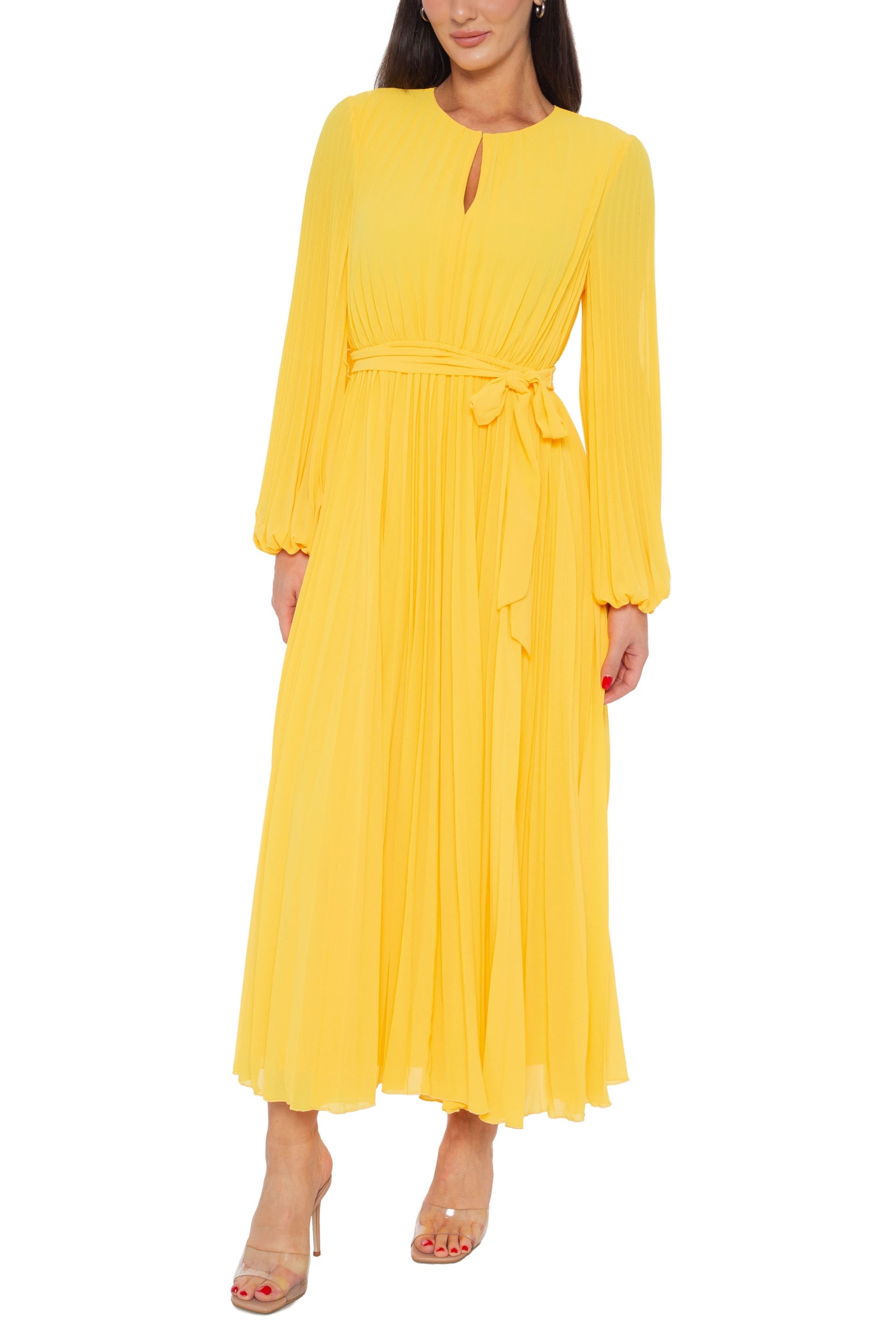 Marina Round Keyhole Neckline Empire Waist with Tie Pleated Skirt Maxi Dress-2