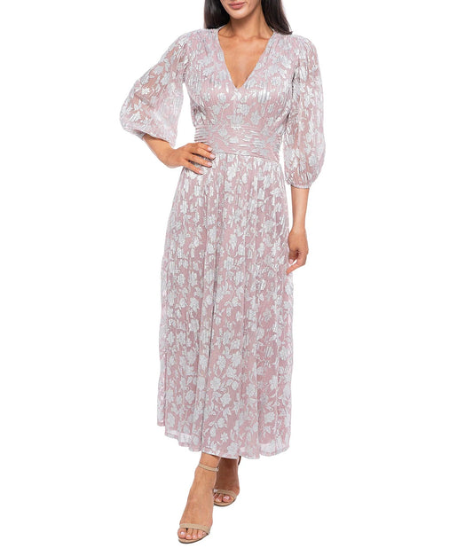 Marina Deep V-Neckline 3/4 Sleeves Ruched Waist Back Zipper Closure Metallic Floral A-Line Dress (Plus Size)-0