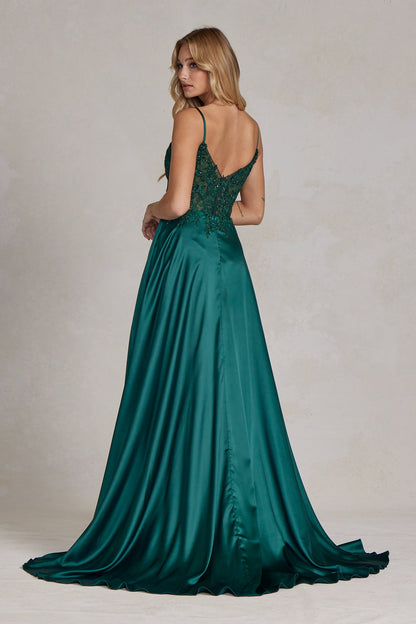 Delicate Lace Embellished A-Line Graduation Satin Gown w/ Side Pockets & Daring Leg Slit NXK1121-1