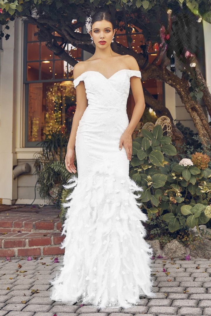 Off The Shoulder Modern Bridal Gown w/ Feathered Skirt & Floral Lace NXC1106W-0