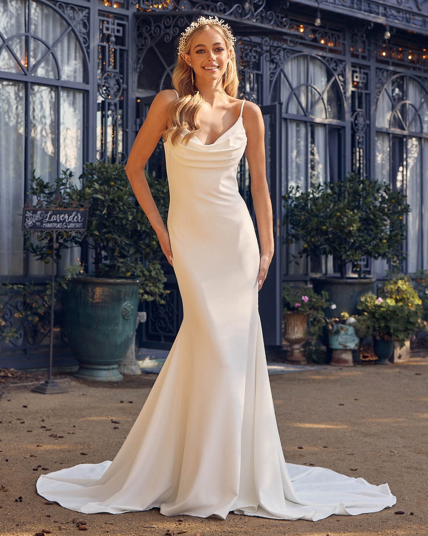 Satin Open Back Mermaid Cowl Neck Long Wedding Dress NXJE954-0