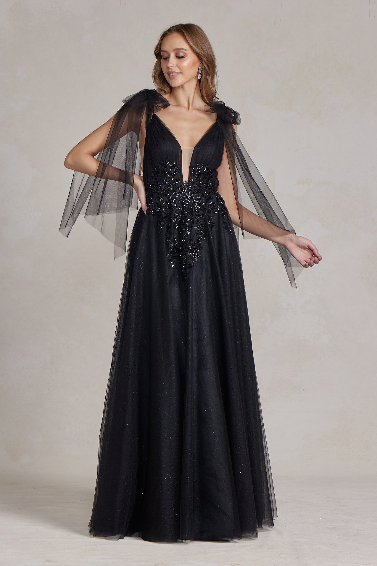 Sleeveless A-Line Lightweight Tulle Gown w/ Plunging Neckline & Off Shoulder Bow Drapes NXE1075-1