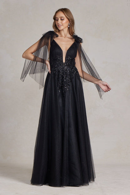 Sleeveless A-Line Lightweight Tulle Gown w/ Plunging Neckline & Off Shoulder Bow Drapes NXE1075-1