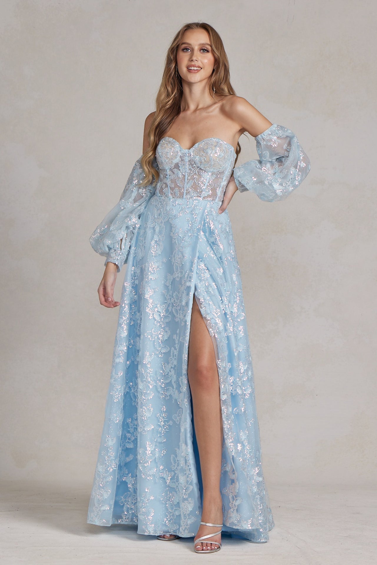 Off The Shoulder Stunning Gown w/ Sequins Embroidery & Long Puff Sleeves NXK1155-1