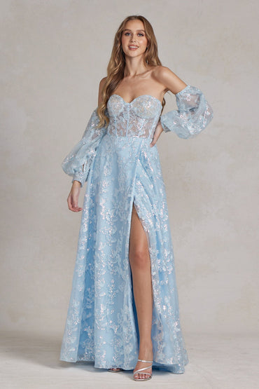 Off The Shoulder Stunning Gown w/ Sequins Embroidery & Long Puff Sleeves NXK1155-1