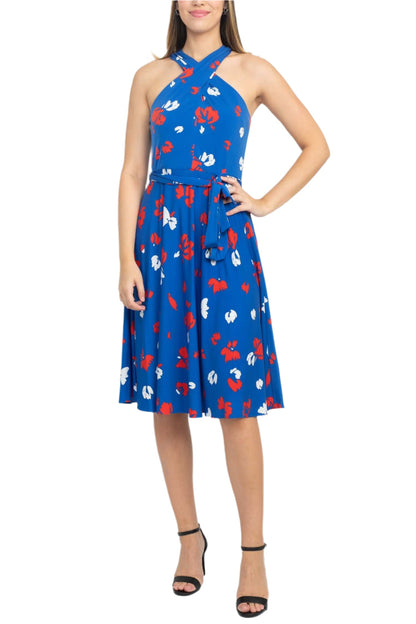Tahari ASL Crossed Neck Sleeveless Tie Waist Zipper Back Multi Print Jersey Dress-0