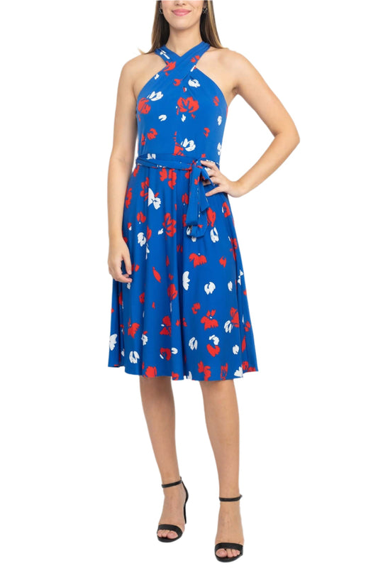 Tahari ASL Crossed Neck Sleeveless Tie Waist Zipper Back Multi Print Jersey Dress-0