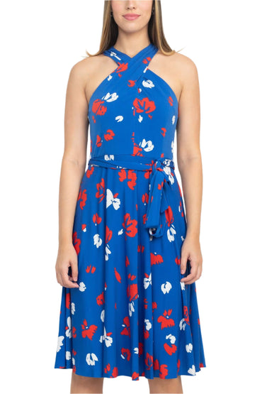 Tahari ASL Crossed Neck Sleeveless Tie Waist Zipper Back Multi Print Jersey Dress-1