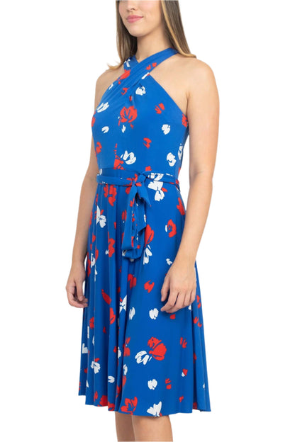 Tahari ASL Crossed Neck Sleeveless Tie Waist Zipper Back Multi Print Jersey Dress-2