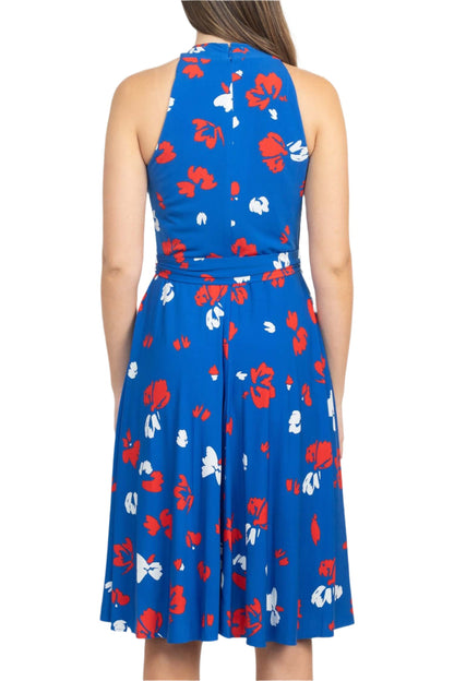 Tahari ASL Crossed Neck Sleeveless Tie Waist Zipper Back Multi Print Jersey Dress-3