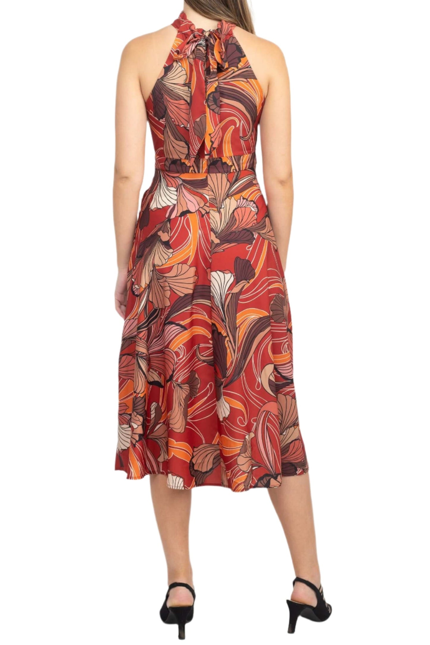 Tahari ASL High Tie Neck Sleeveless Multi Print Fit & Flare Satin Dress-2