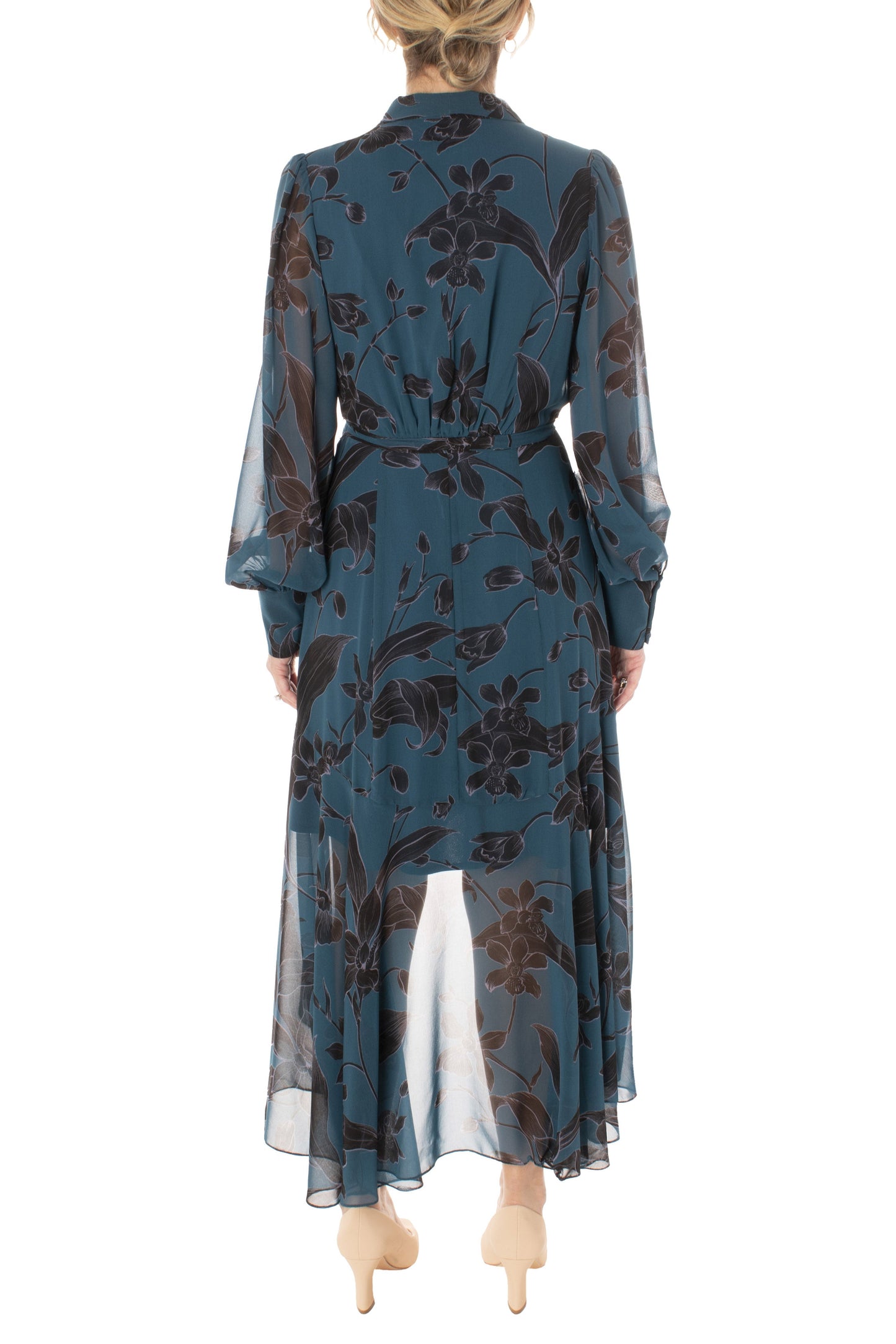 Taylor V-neck long sleeve tie waist floral burnout chiffon dress