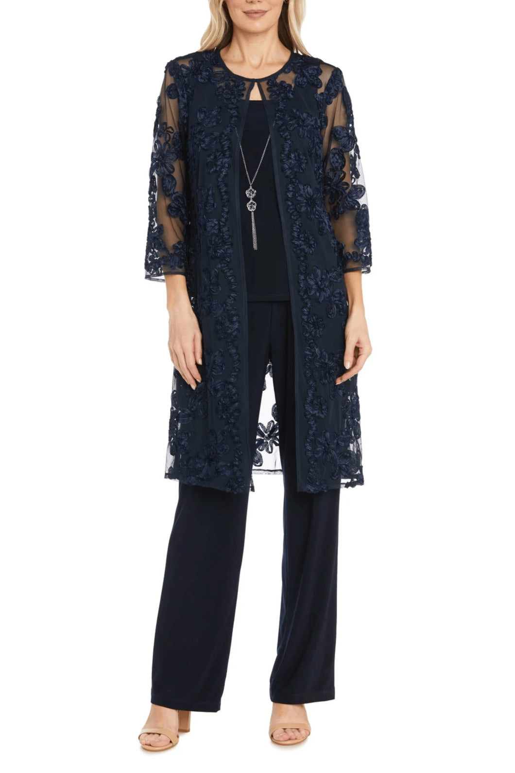 R&M Richards Round Neckline Sleeveless Top Floral Embroidered Three-Quarter Sleeves Jacket Relaxed Formal Pants Suit Dress (Plus Size)-0