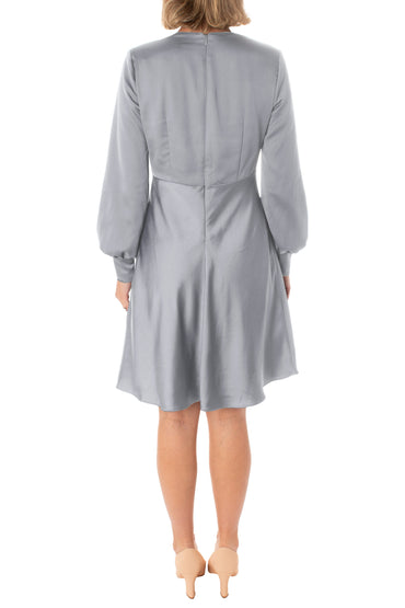 Taylor V-neck high waist cuffed sleeve zipper back A-line satin dress