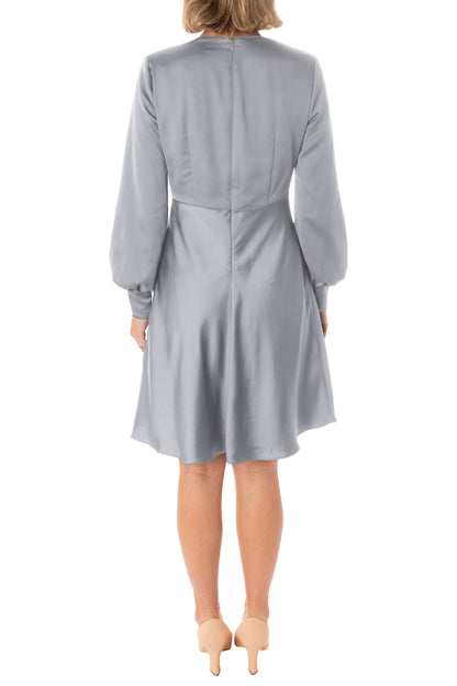 Taylor V-neck high waist cuffed sleeve zipper back A-line satin dress