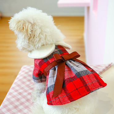 Brown Bow Red Plaid Elegant Dress Beautiful Princess Dress for Pets Party Wear