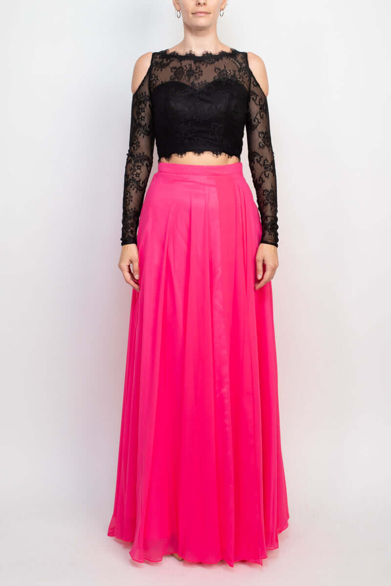 Dave & Johnny Scalloped Neck Cutout Shoulder Illusion Zipper Back Lace Bodice Chiffon Dress