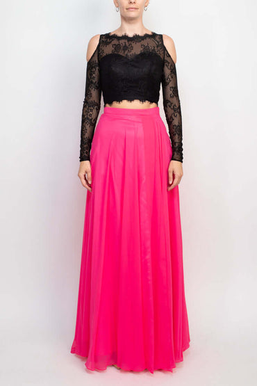 Dave & Johnny Scalloped Neck Cutout Shoulder Illusion Zipper Back Lace Bodice Chiffon Dress