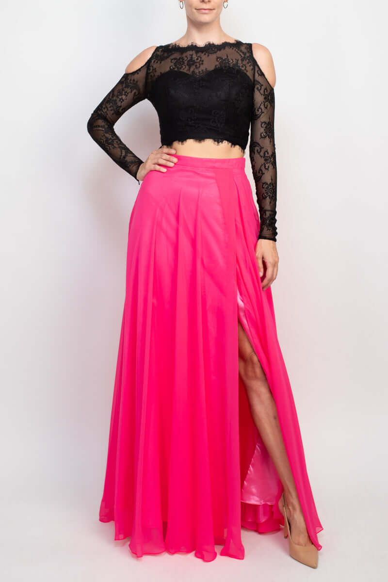 Dave & Johnny Scalloped Neck Cutout Shoulder Illusion Zipper Back Lace Bodice Chiffon Dress