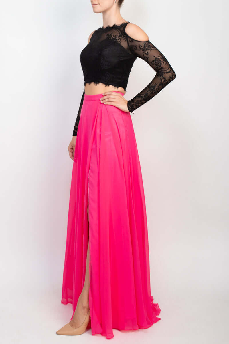 Dave & Johnny Scalloped Neck Cutout Shoulder Illusion Zipper Back Lace Bodice Chiffon Dress