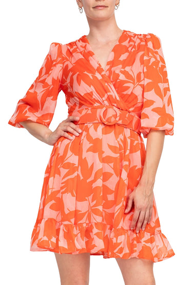 Taylor V-Neck Short Sleeve Printed Chiffon Belted A-Line Dress-1