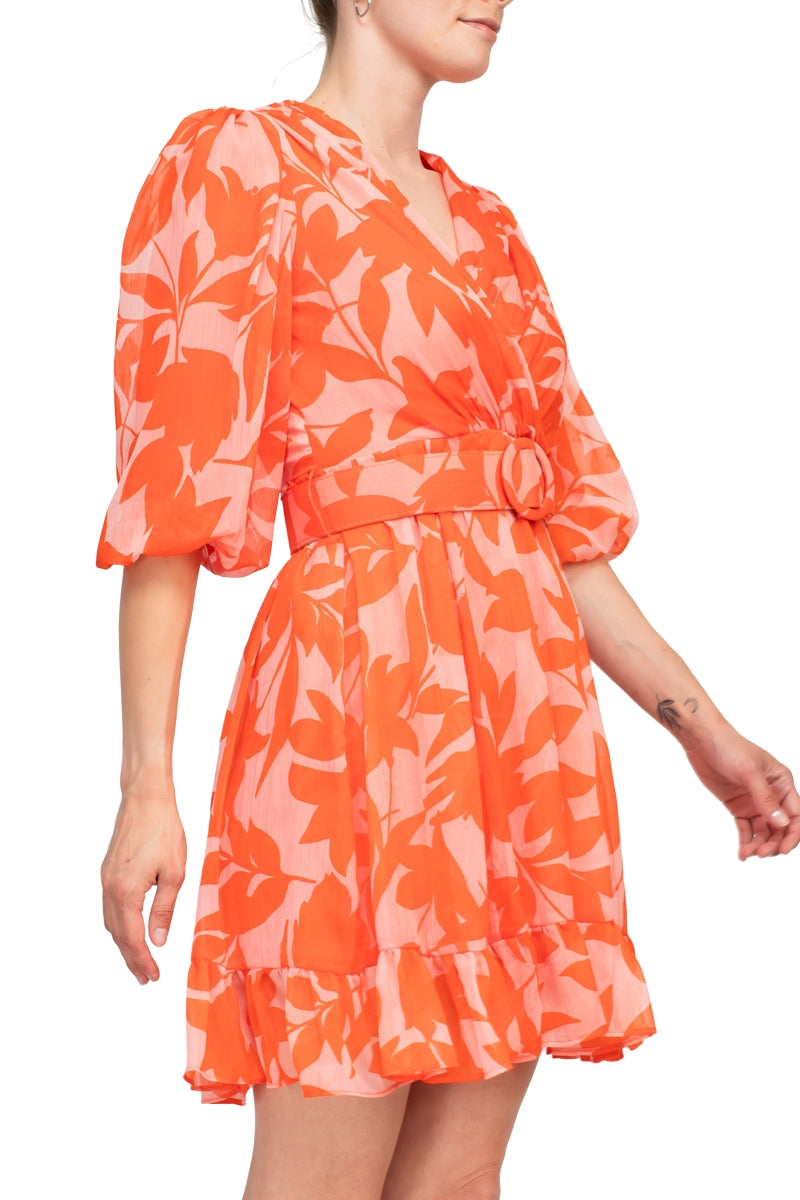 Taylor V-Neck Short Sleeve Printed Chiffon Belted A-Line Dress-2