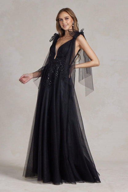 Sleeveless A-Line Lightweight Tulle Gown w/ Plunging Neckline & Off Shoulder Bow Drapes NXE1075-2