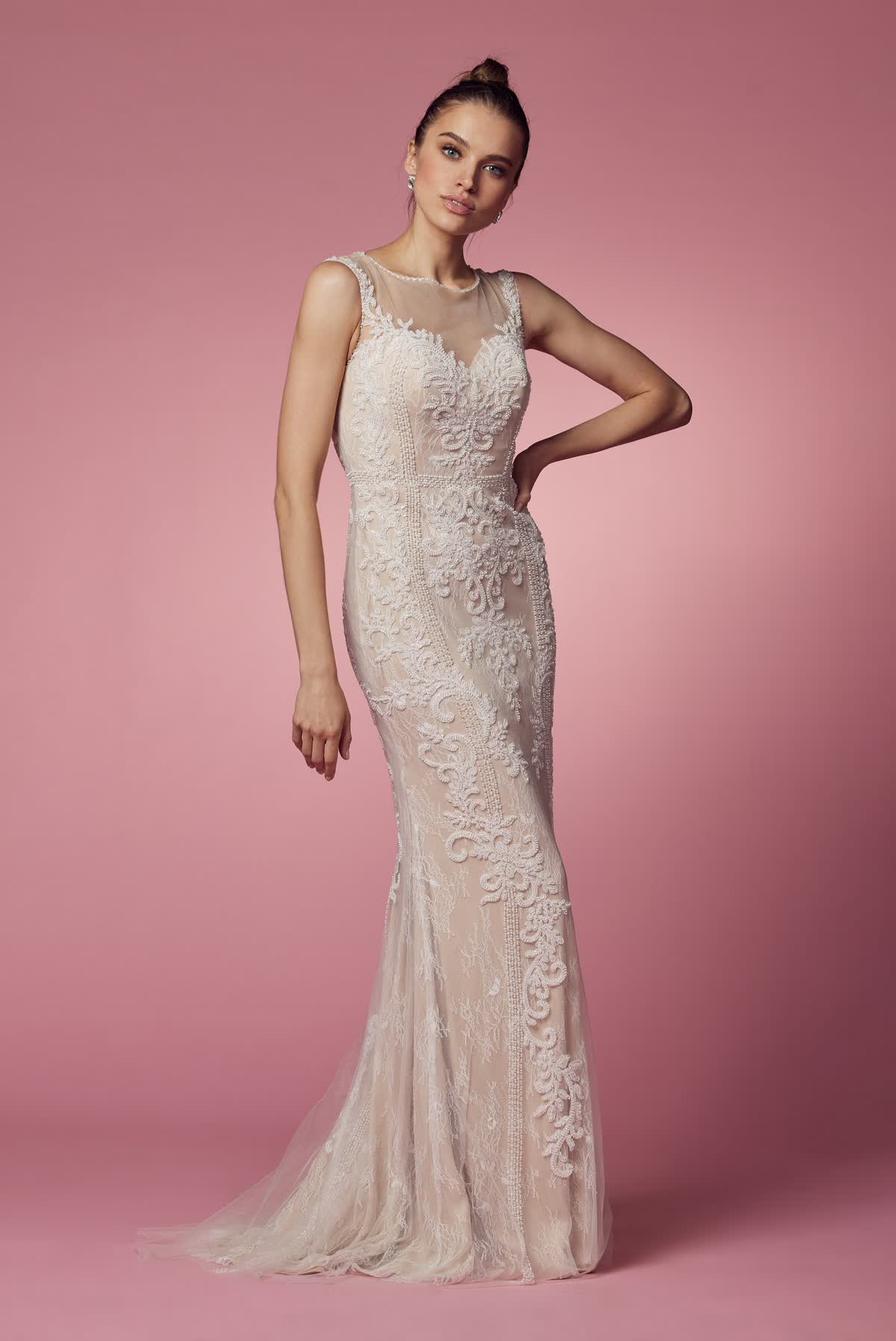 Floral Lace Embellished Long Sheath Gown w/ Delicate Beadwork NXE1006-2