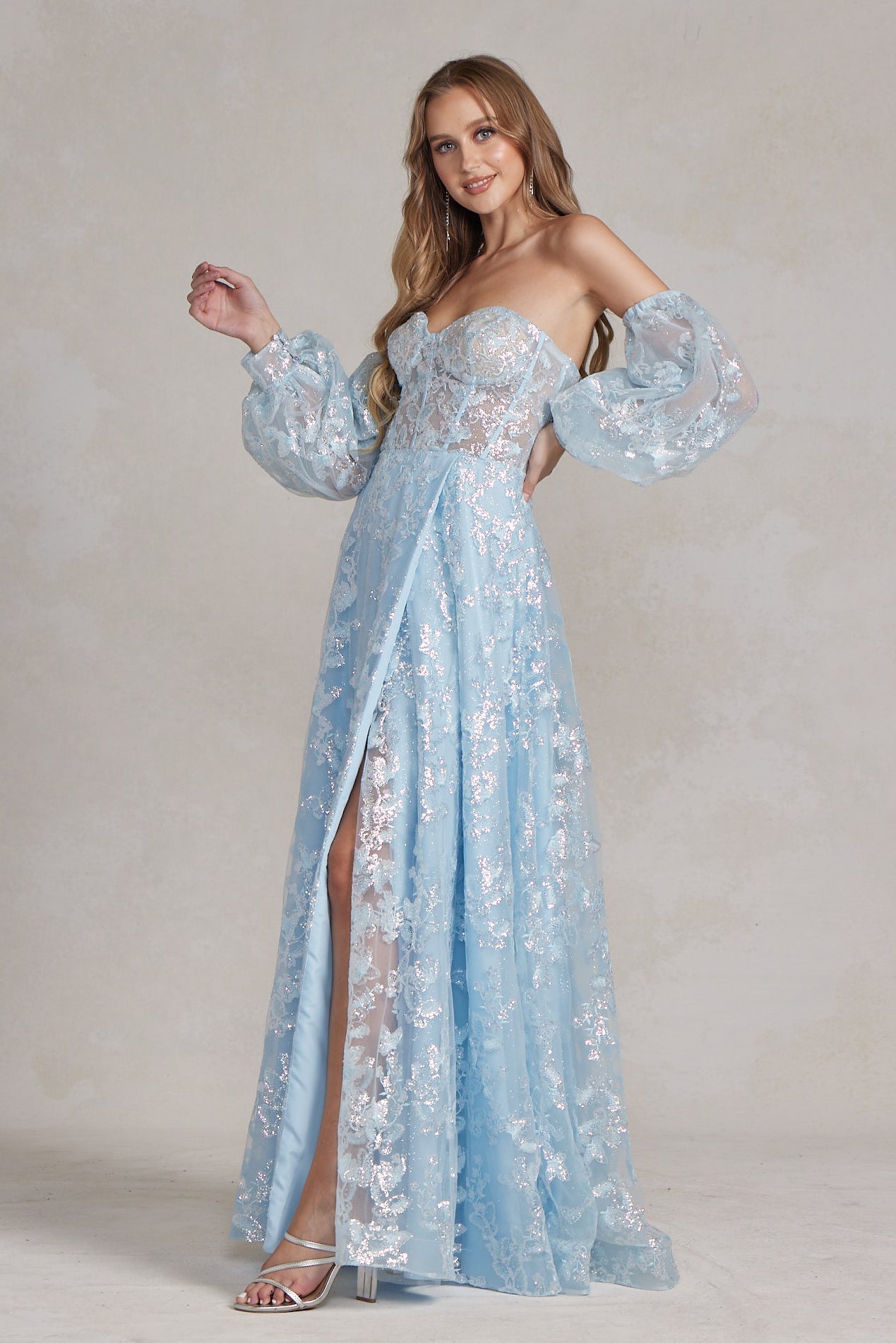 Off The Shoulder Stunning Gown w/ Sequins Embroidery & Long Puff Sleeves NXK1155-2