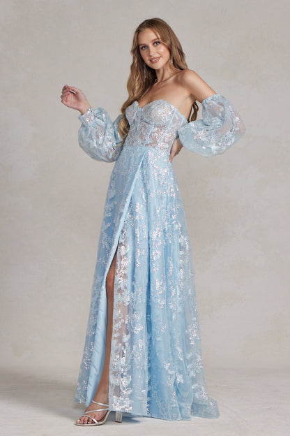 Off The Shoulder Stunning Gown w/ Sequins Embroidery & Long Puff Sleeves NXK1155-2