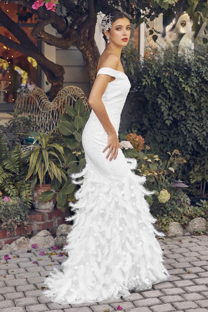 Off The Shoulder Modern Bridal Gown w/ Feathered Skirt & Floral Lace NXC1106W-1