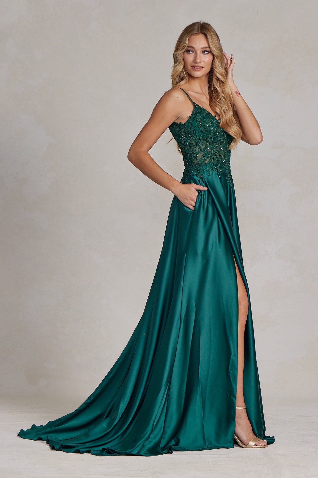 Delicate Lace Embellished A-Line Graduation Satin Gown w/ Side Pockets & Daring Leg Slit NXK1121-2