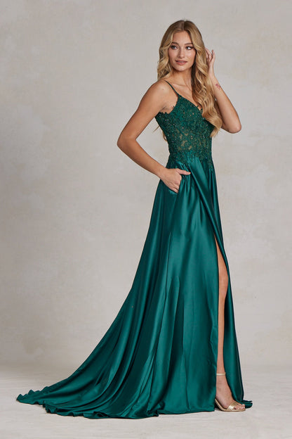 Delicate Lace Embellished A-Line Graduation Satin Gown w/ Side Pockets & Daring Leg Slit NXK1121-2