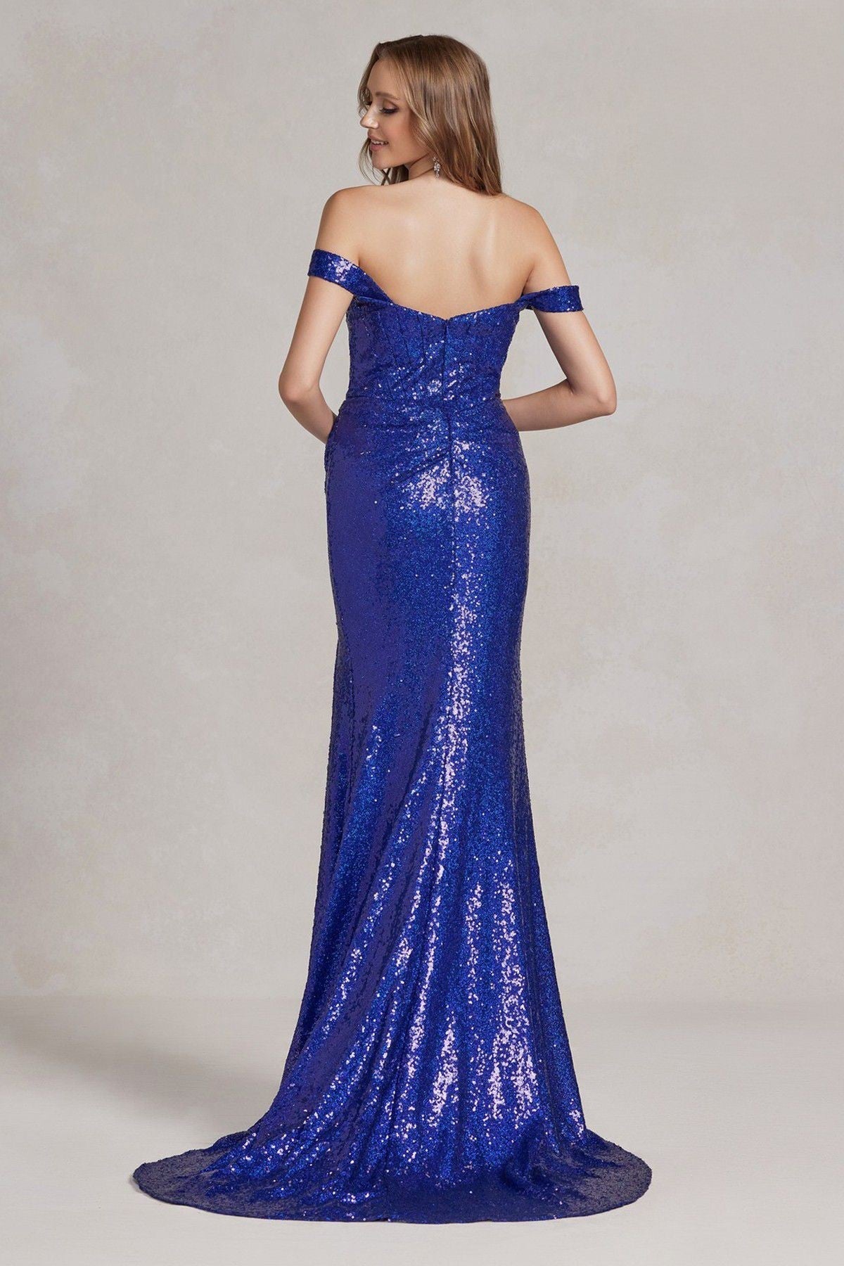 Off The Shoulder Sequins Embellished Evening Dress w/ Straight Across Neckline NXR1203-2