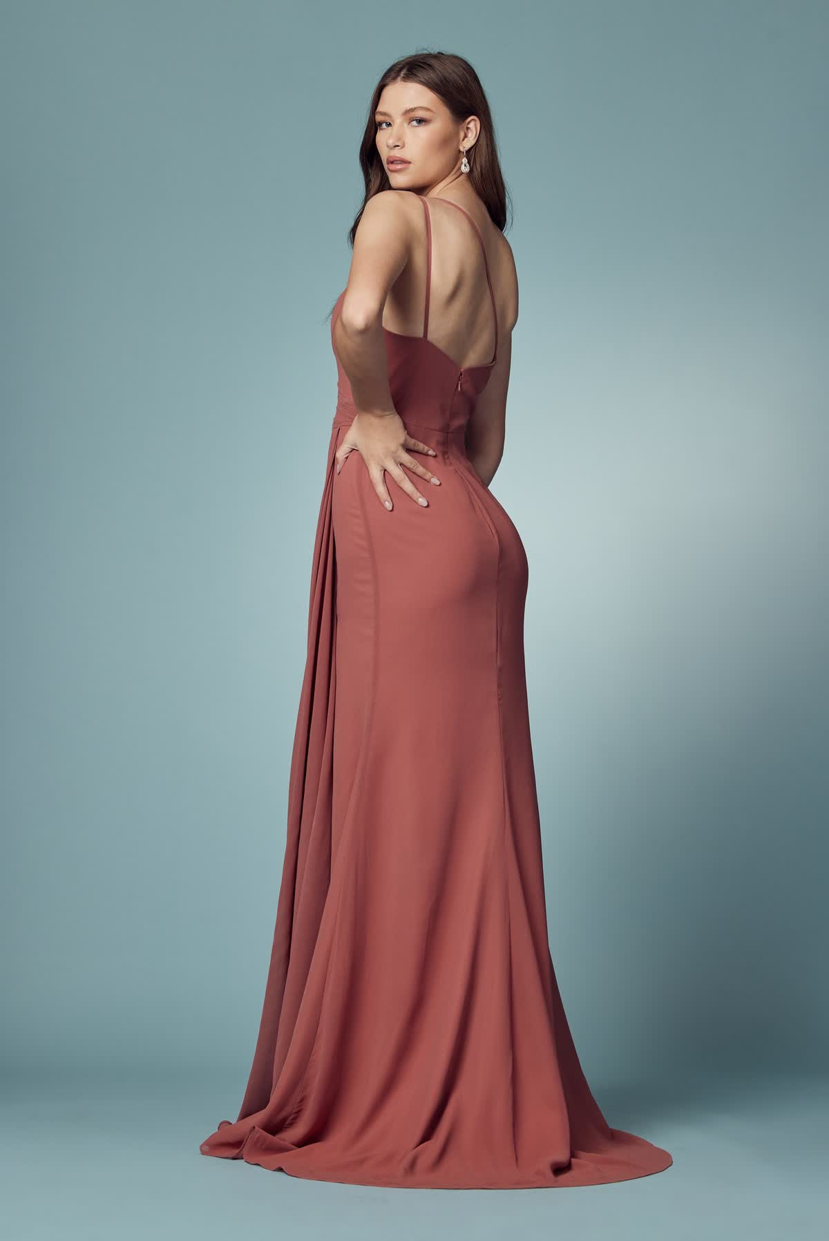 Sleeveless Sheath Bridesmaid Dress w/ One Shoulder Neckline & Pleated Details NXE1005-2