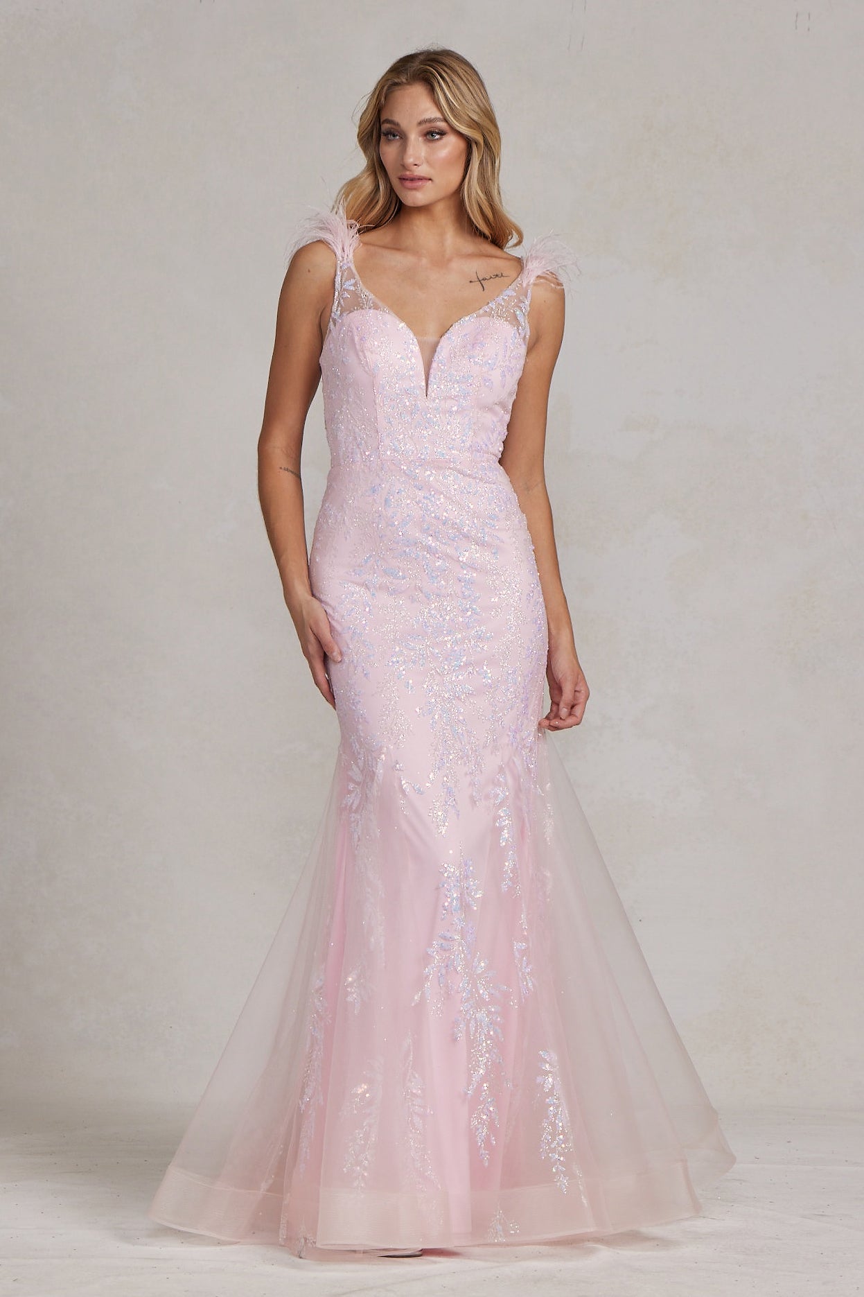 Delicate Feather Embellished Long Senior Party Dress w/ Sequins & Sweetheart Neckline NXT1208-2