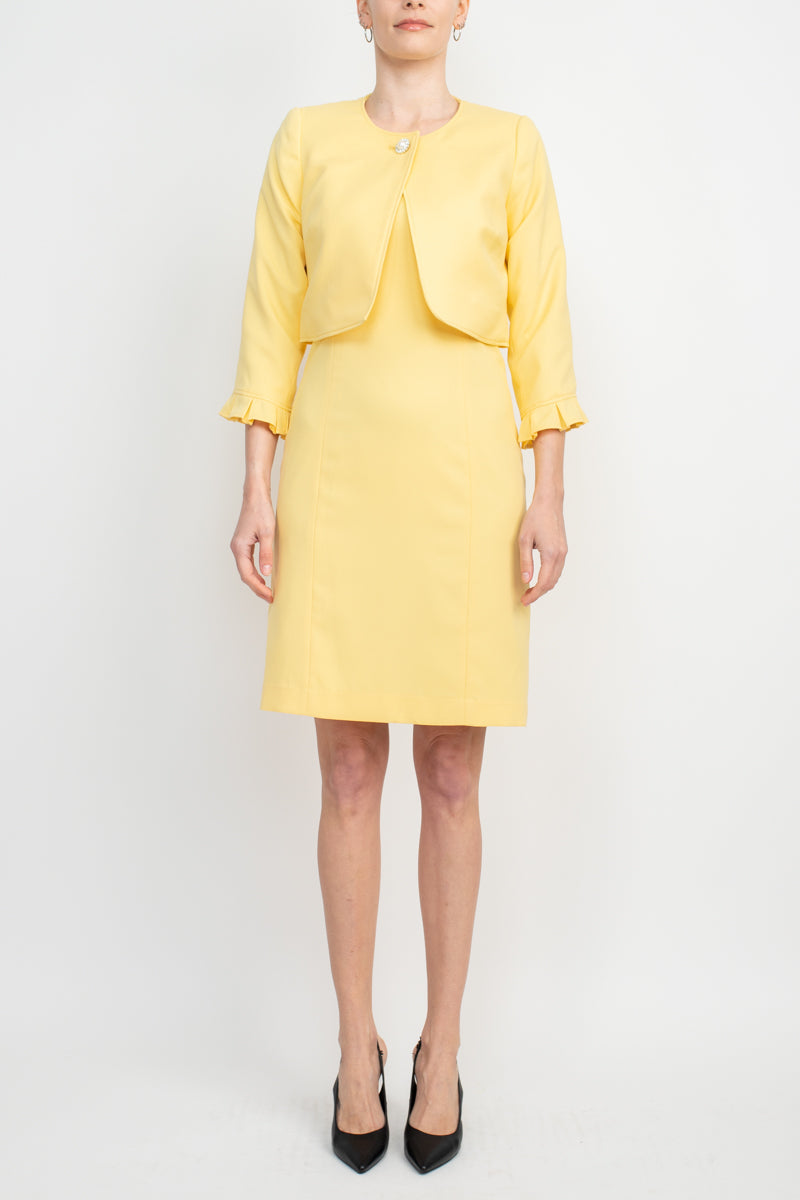 Tahari ASL Scoop Neck Sleeveless Short Dress With Matching Crew Neck 3/4 Ruffle Cuff Sleeves Jacket