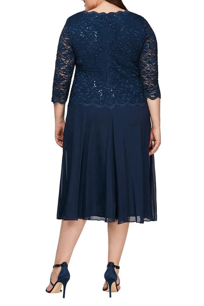 Alex Evenings Crew Neck 3/4 Sleeve Lace Bodice & Chiffon Skirt (Plus Size)-1