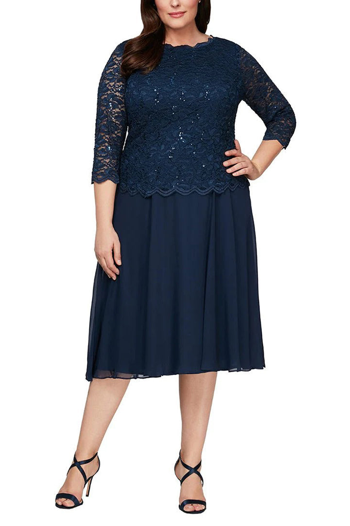 Alex Evenings Crew Neck 3/4 Sleeve Lace Bodice & Chiffon Skirt (Plus Size)-0