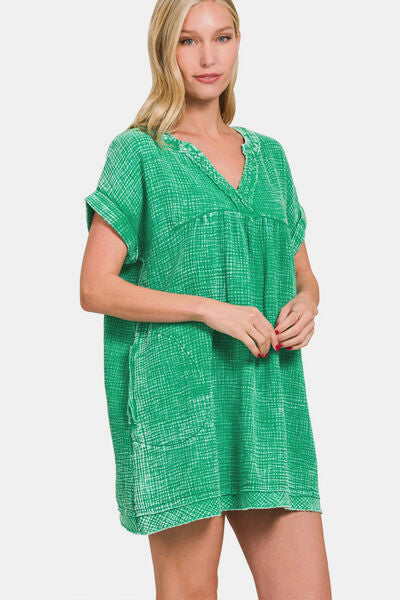 Zenana Washed Notched Short Sleeve Mini Dress-0