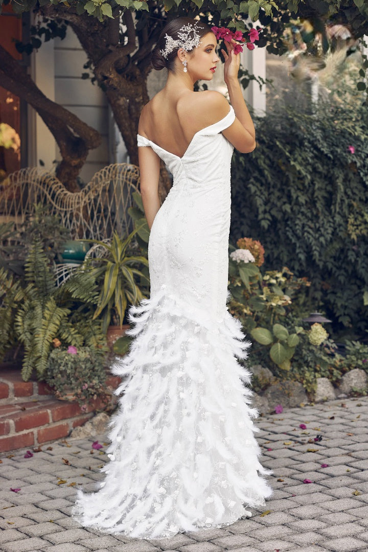Off The Shoulder Modern Bridal Gown w/ Feathered Skirt & Floral Lace NXC1106W-3