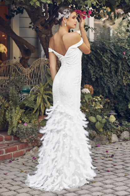 Off The Shoulder Modern Bridal Gown w/ Feathered Skirt & Floral Lace NXC1106W-3