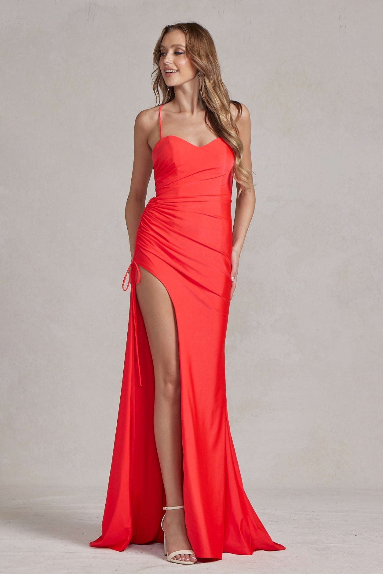 Sleeveless Celebration Dress w/ Ruched Design & Open Lace Up Back NXT1140-3