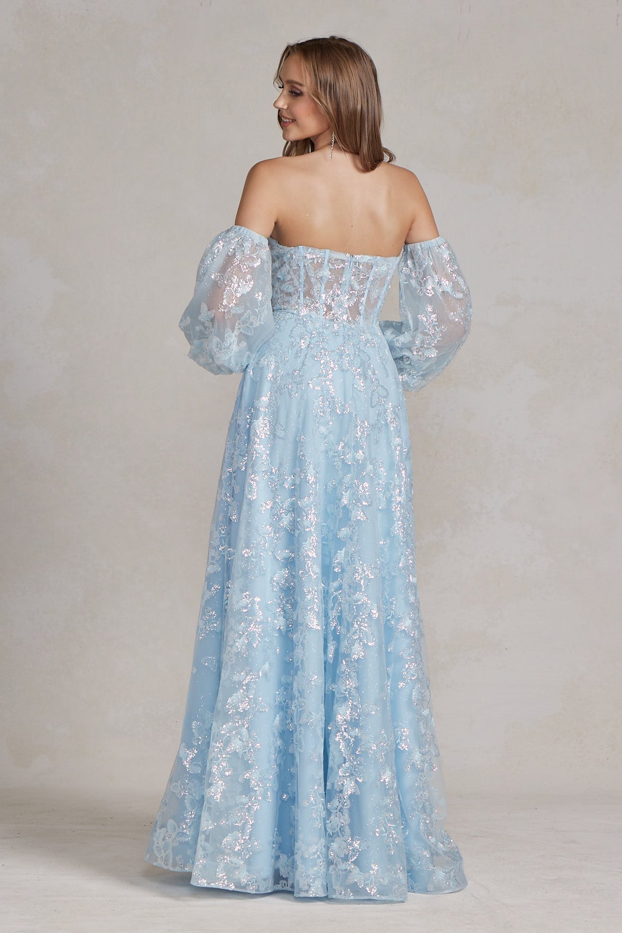 Off The Shoulder Stunning Gown w/ Sequins Embroidery & Long Puff Sleeves NXK1155-3