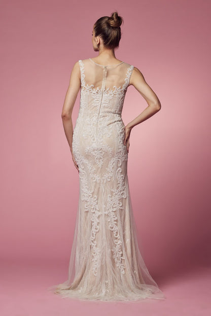 Floral Lace Embellished Long Sheath Gown w/ Delicate Beadwork NXE1006-3