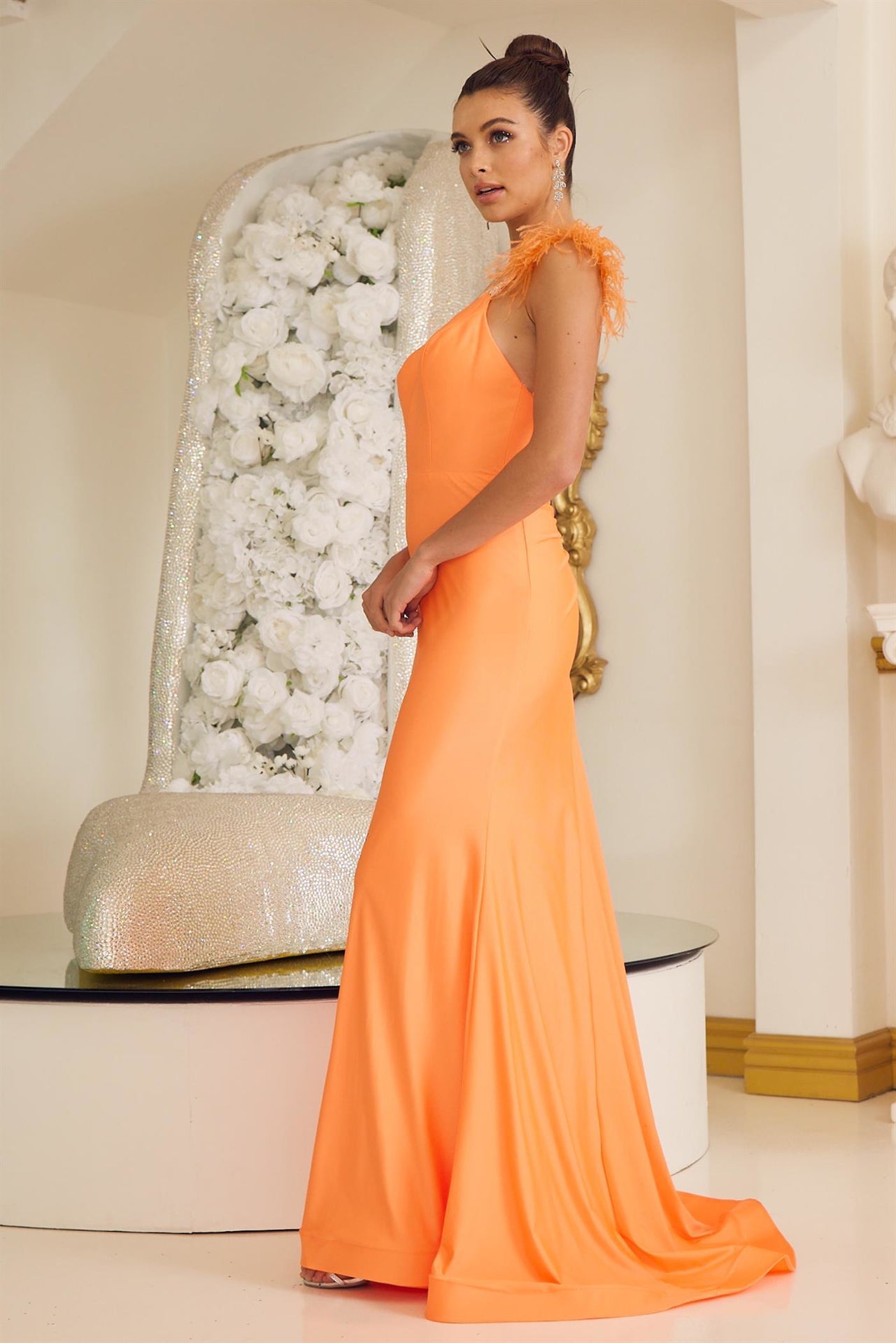 Soft Feathers Embellished Long Sheath Gown w/ Beaded Straps & Open Back NXT1138-3