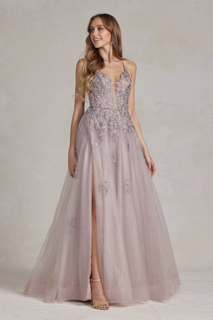Romantic Floral Lace Embellished A-Line Graduation Dress w/ Charming Leg Slit NXG1149-3