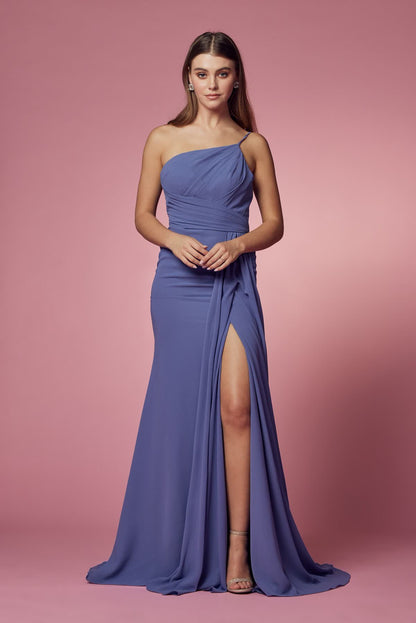Sleeveless Sheath Bridesmaid Dress w/ One Shoulder Neckline & Pleated Details NXE1005-3
