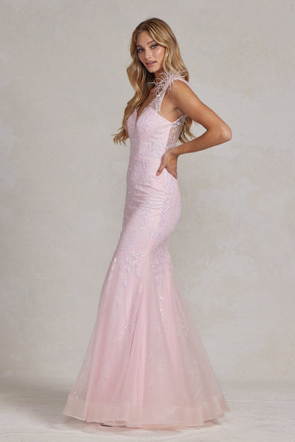 Delicate Feather Embellished Long Senior Party Dress w/ Sequins & Sweetheart Neckline NXT1208-3