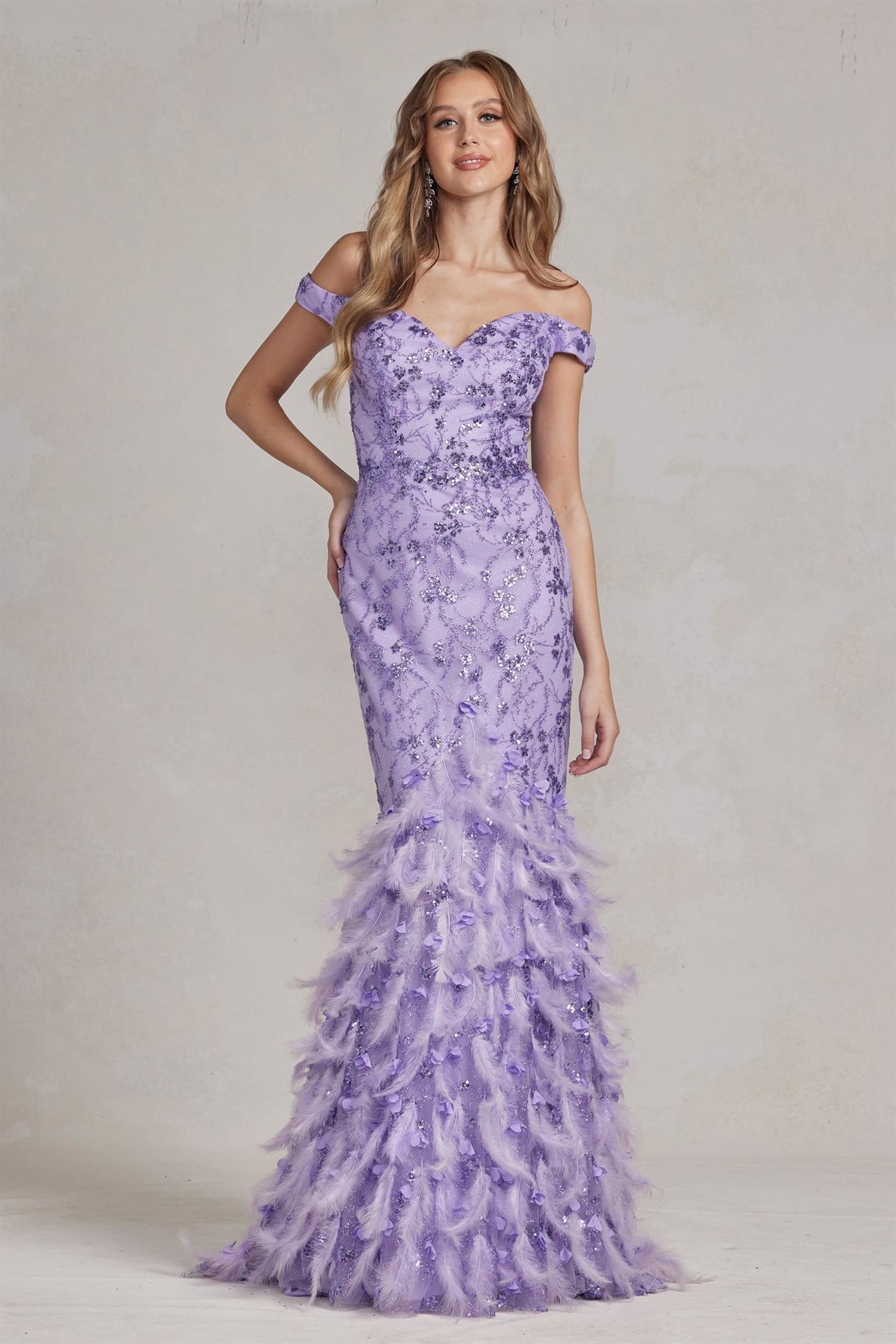 Off The Shoulder Feathers Embellished Long Red Carpet Gown w/ V-Back NXC1106-0